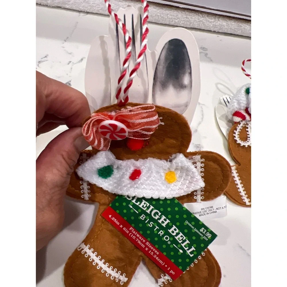 Set of 6 Sleigh Bell Bistro Gingerbread Flatware Sleeves Christmas Ornaments NEW